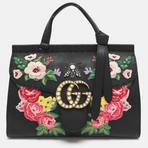 Gucci Gg Marmont Floral Embroidered Embellished Black Leather Top Handle Bag